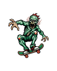 A green zombie with a red mohawk riding a skateboard.