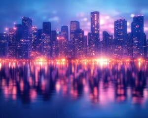 Fototapeta premium Cityscape at night with a glowing skyline and bright lights reflecting off buildings, urban style, wide shot, sharp focus