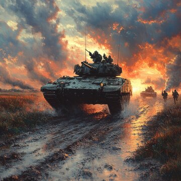 A triumphant M2 Bradley advancing through the battlefield, allies following, signifying a turn of events, powerful and inspiring,