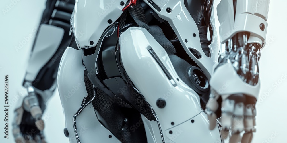 Poster a robotic exoskeleton, highlighting its ergonomic design with powerful actuators that enhance human 