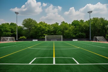 Vibrant Green Athletic Turf in Empty Soccer Complex on Game Day