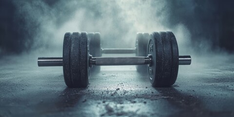 dumbbells on a gym floor, surrounded by chalk dust, ready for a serious strength workout