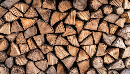 Fototapeta premium A neatly stacked pile of firewood, showcasing various shapes and textures of logs, ready for use in a fireplace or campfire.