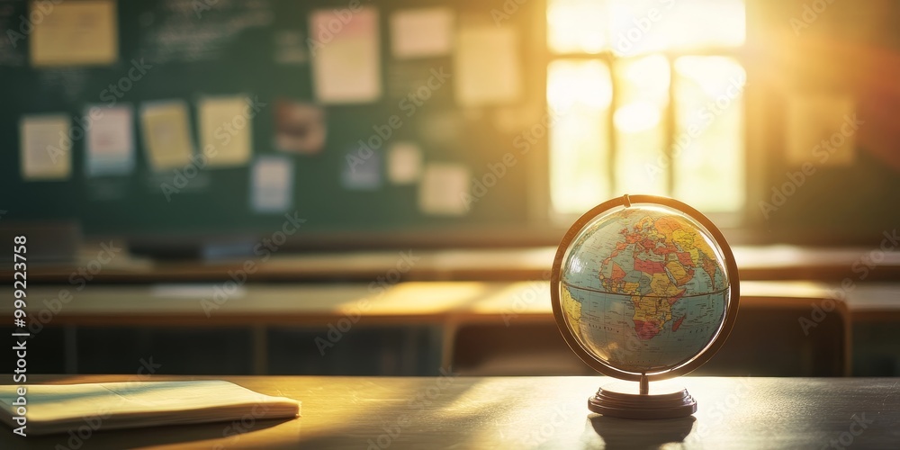 Poster a close-up captures a globe on a teacher's desk, with soft classroom lighting and a focused backgrou