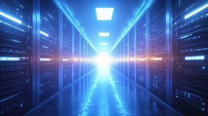 Futuristic data center hallway with glowing servers