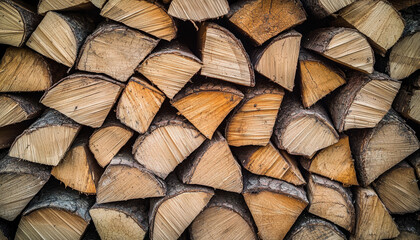 Fototapeta premium A close-up view of neatly stacked firewood, showcasing the natural textures and colors of the logs.