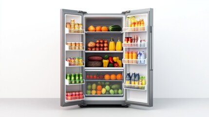 A large family refrigerator stocked with groceries, isolated on a white background