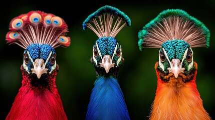 Three Peacocks with Vibrant Feathers  Close up Portrait  Wildlife Photography