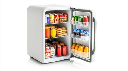 A mini fridge with snacks and beverages inside, isolated on a white background