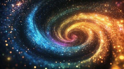 Fantasy swirl of iridescent fairy dust and rainbow sparkles, forming a magical spiral of stars and glitter