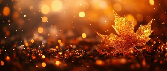 Cozy Thanksgiving maple leaf bokeh lights on warm amber background