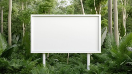 Fototapeta premium A blank billboard stands quietly in a lush forest, surrounded by towering trees and vibrant greenery, inviting curious exploration