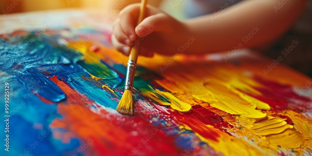 Poster a close-up features a child painting in art class, with vibrant colors and soft lighting highlightin