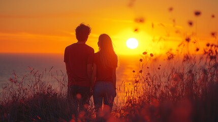 Obraz premium A couple enjoying a sunset, white background