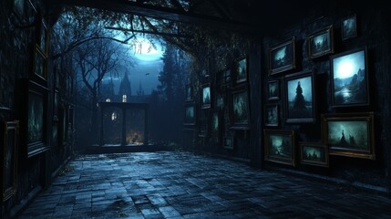 Fototapeta premium Spooky 3D Render of Haunted Art Gallery with Living Paintings on Halloween Night