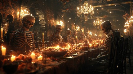 Obraz premium Spooky 3D Halloween Render of a Ghostly Medieval Banquet Hall with Phantom Feast and Skeletal Musicians