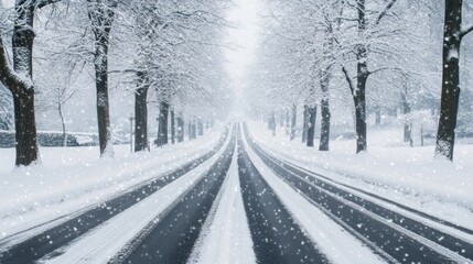 Fototapeta premium A snowy road with trees on both sides, covered in snow and with lines of tire tracks running across the asphalt. 