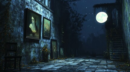 Obraz premium 3D render of Halloween scene: Haunted art gallery with paintings coming to life at night