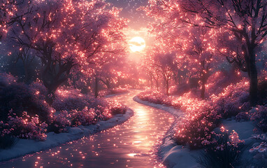 Naklejka premium Enchanted Garden: Blossoming Flowers Under Starry Moonlit Sky