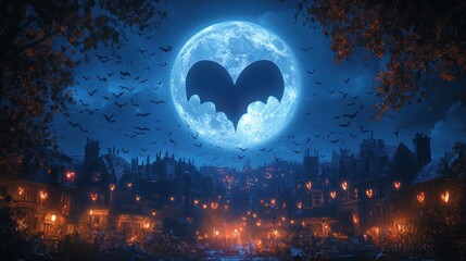 Bats forming heart shapes against a full moon over a festive neighborhood