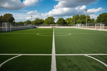Vibrant Green Athletic Turf in Empty Soccer Complex on Game Day