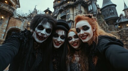 Vampire family taking a spooky but silly selfie in front of their castle