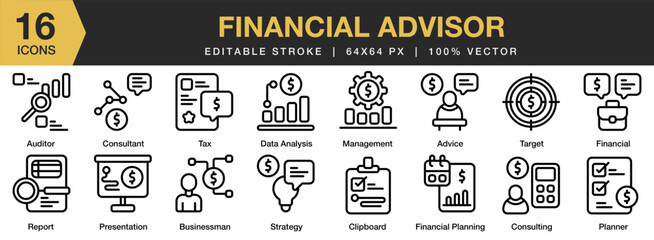Financial Advisor icon set. Editable Stroke Icon Collection. Includes advice, auditor, businessman, consultant, data analysis, and More. Outline icons vector collection.