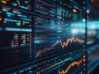 Stock market graphs showing rising and falling trends on multiple screens, financial setting, sharp focus, high detail