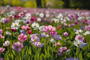 Fototapeta premium Breathtaking Spring Flower Field Bathed in Sunshine Showcasing Vibrant Nature Colors