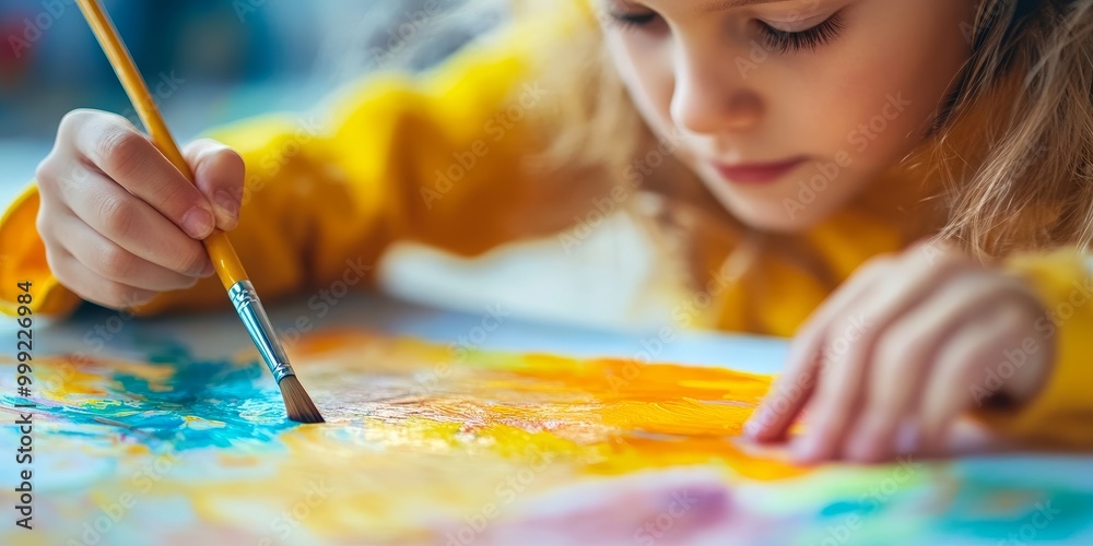 Poster a close-up features a child painting in art class, with vibrant colors and soft lighting highlightin