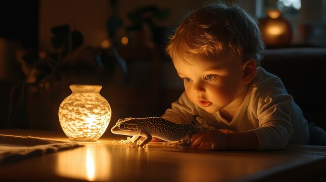 A rambunctious young child and their playful gecko darting across the coffee table, knocking over a vase - Studio light