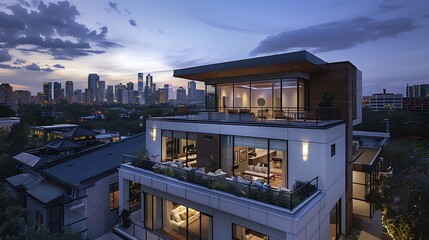 Fototapeta premium Modern home with rooftop terrace overlooking city skyline at dusk for showcasing contemporary architecture urban lifestyle and scenic evening view concept.