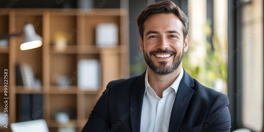 Wall mural high-quality business headshot of a smiling professional in a modern office setting, with natural li