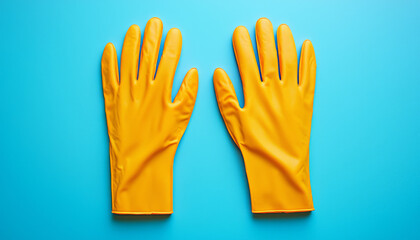 A pair of bright yellow rubber gloves displayed on a blue background, commonly used for cleaning or protecting hands.