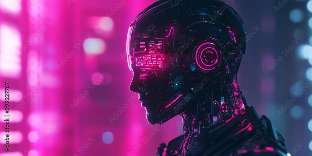 Poster A cyberpunk robot with a human-like face, neon-lit circuits, and advanced AI, seamlessly blending into a high-tech dystopian setting.