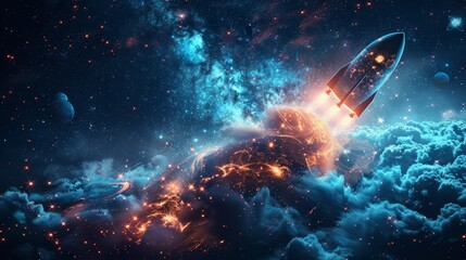 Fototapeta premium Abstract image of rocket of a starry sky or space, consisting of points, lines, and shapes in the form of planets, stars and the universe. Vector business 