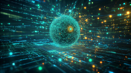 The sphere is surrounded by a network of lines and dots