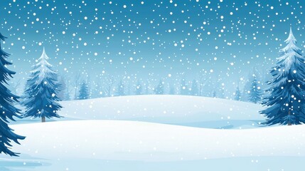 A serene winter landscape featuring softly falling snowflakes over a snow-covered ground and pine trees. Perfect for seasonal themes.