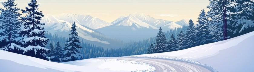 Fototapeta premium A serene winter landscape with a winding snow-covered road, majestic mountains, and tall evergreen trees under a soft blue sky.