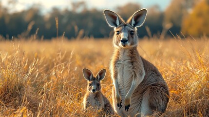 Fototapeta premium A 3D kangaroo with a joey in its pouch and a soft pastel background on the right, representing the fascinating wildlife from Australia in zoos