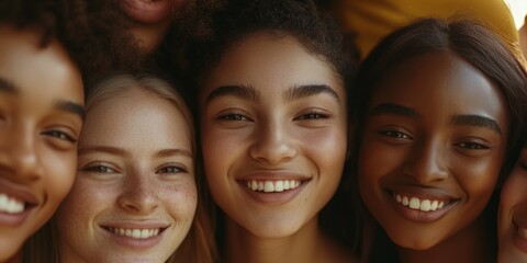 Fototapeta premium A close-up shows a diverse group of friends with different skin tones and smiling faces, as soft background light emphasizes unity and diversity