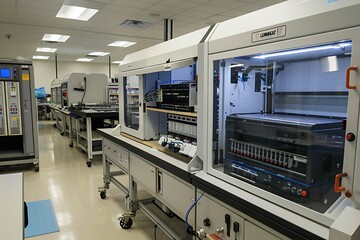 Fototapeta premium 3d render of a modern industrial automation system in a factory.