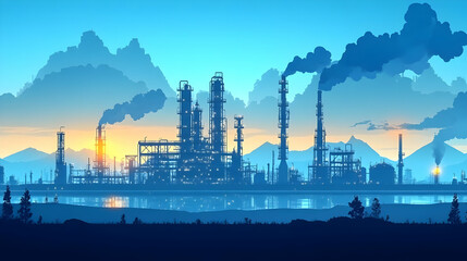 Industrial Complex Sunset Silhouette - A Striking View of a Modern Factory