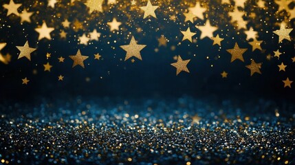 Glittering gold stars cascading across a rich navy blue backdrop, evoking Christmas and New Year celebrations