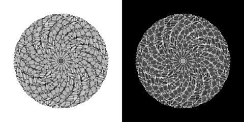 Abstract background with abstract line pattern in circles. Spiral art design as a logo or icon. A black figure on a white background and the same white figure on a black side. Mandala design with line
