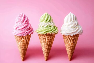 Colorful ice cream cones on pink background