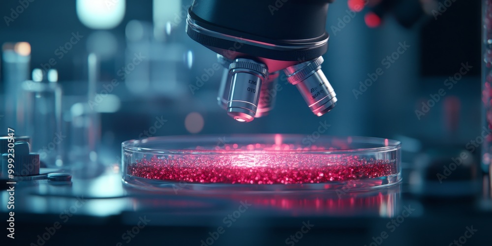 Poster an experiment in a petri dish under a microscope, with detailed cellular processes and lab tools in 