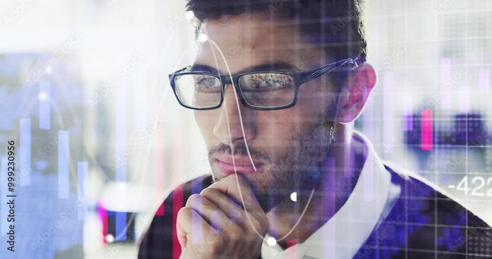 Aufkleber Charts, analysis and businessman on computer for stock market, overlay or cryptocurrency data. Thinking, financial trader and economist with dashboard statistics, investment growth or graphs info