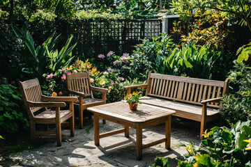 Obraz premium A cozy garden seating area surrounded by lush plants and flowers, perfect for relaxation and outdoor gatherings.