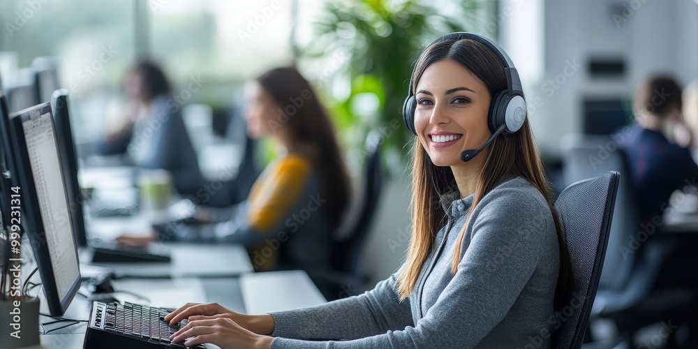 Fototapete A professional customer service representative engaging in a positive client interaction with a friendly demeanor in a modern office.